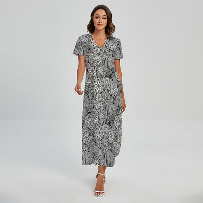 Black And White Western Flower Print Short Sleeve Maxi Dress