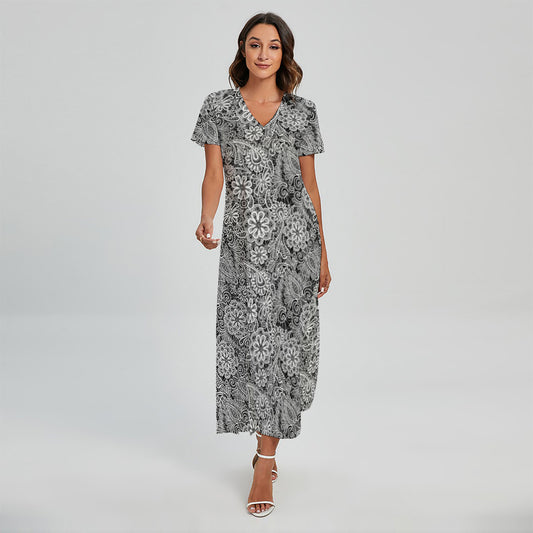 Black And White Western Flower Print Short Sleeve Maxi Dress