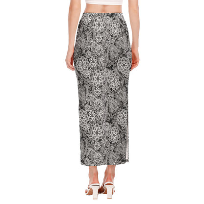 Black And White Western Flower Print Side Slit Maxi Skirt