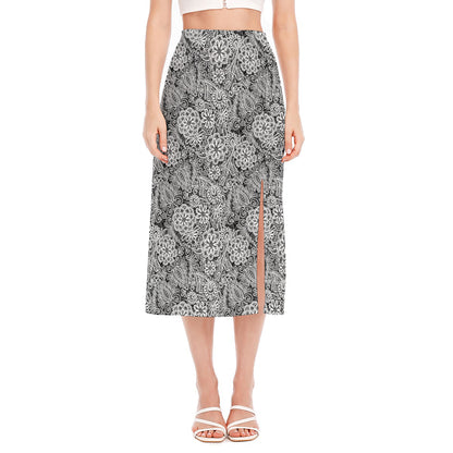 Black And White Western Flower Print Side Slit Midi Skirt