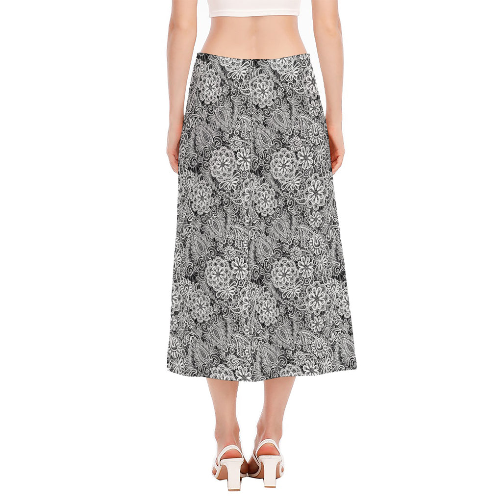 Black And White Western Flower Print Side Slit Midi Skirt