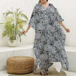 Black And White Western Flower Print Silk V-Neck Kaftan Dress