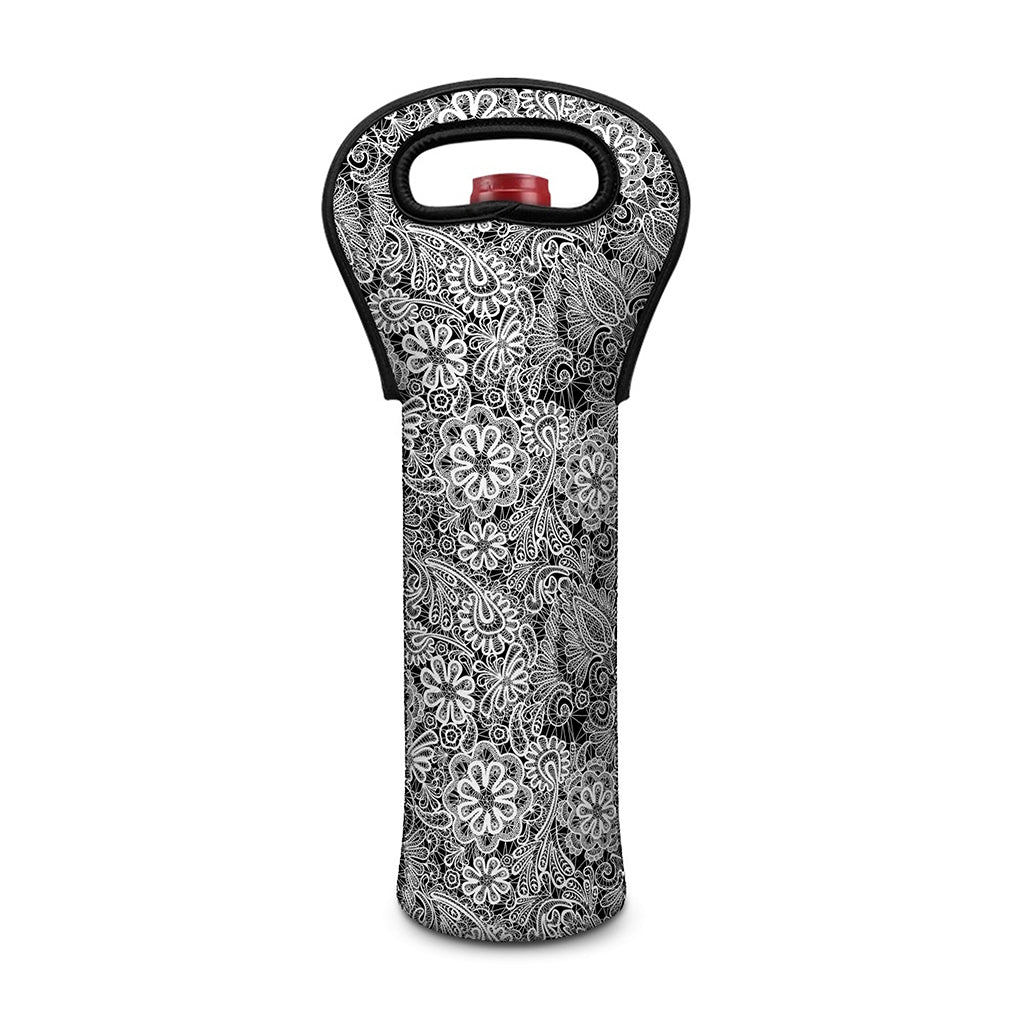 Black And White Western Flower Print Single Neoprene Wine Tote