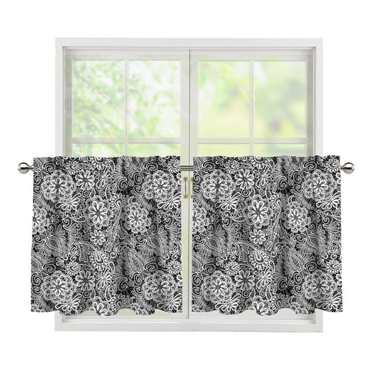 Black And White Western Flower Print Tier Curtains