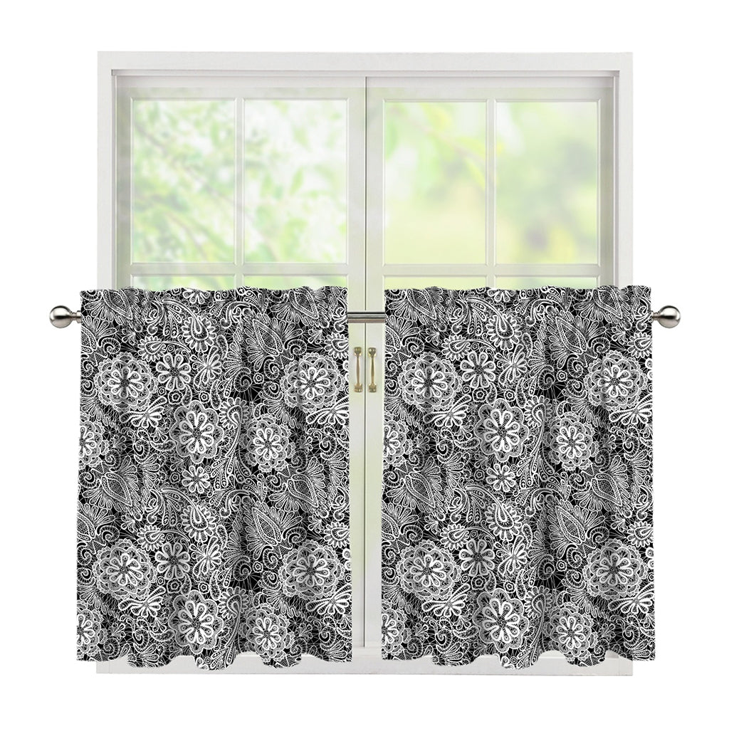 Black And White Western Flower Print Tier Curtains