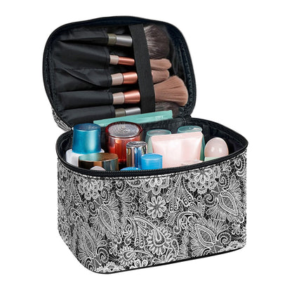 Black And White Western Flower Print Travel Makeup Bag