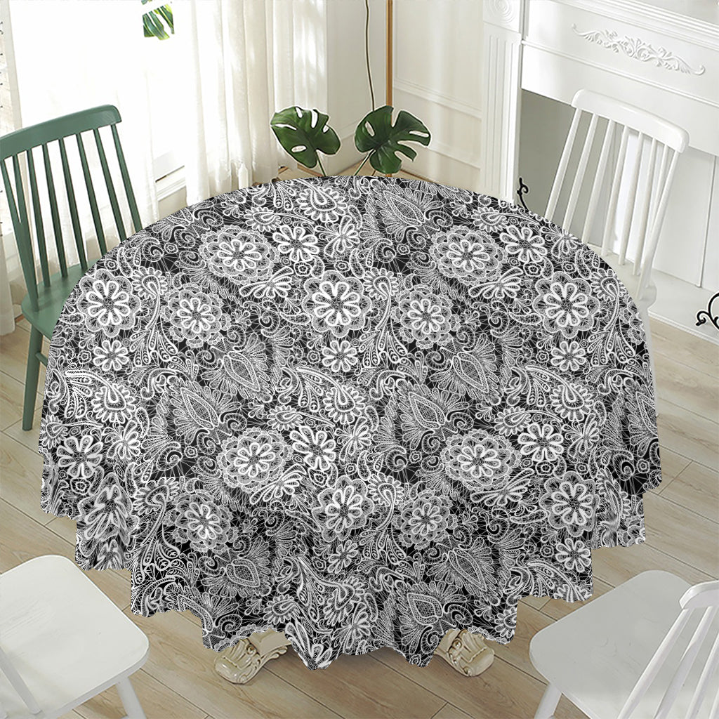 Black And White Western Flower Print Waterproof Round Tablecloth