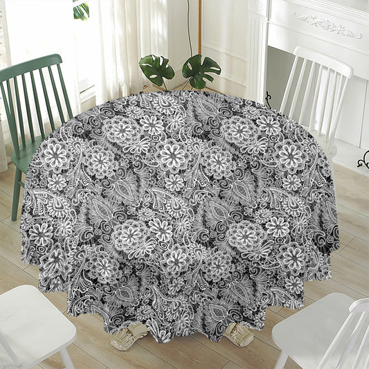 Black And White Western Flower Print Waterproof Round Tablecloth