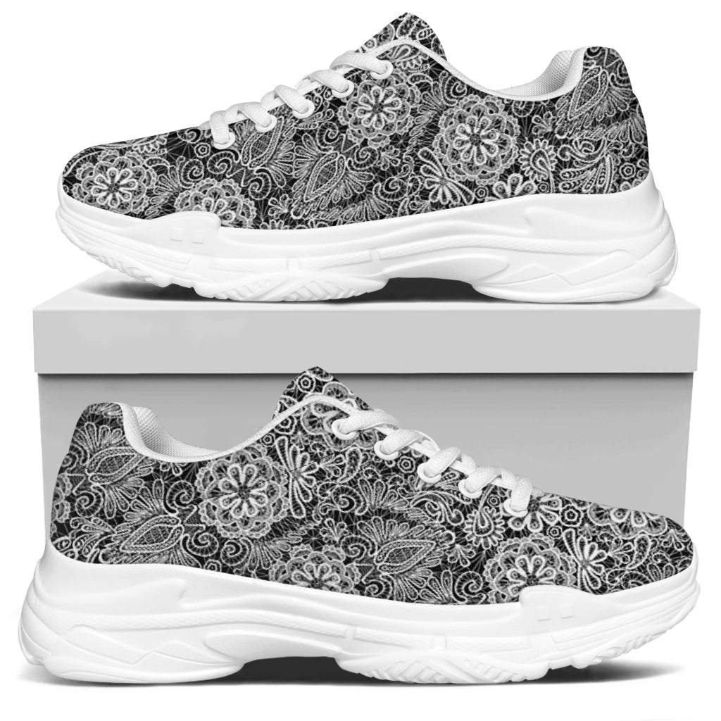 Black And White Western Flower Print White Chunky Shoes