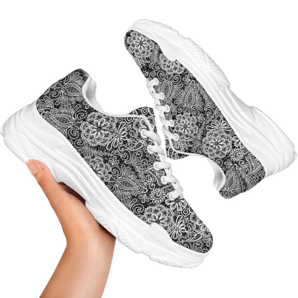 Black And White Western Flower Print White Chunky Shoes