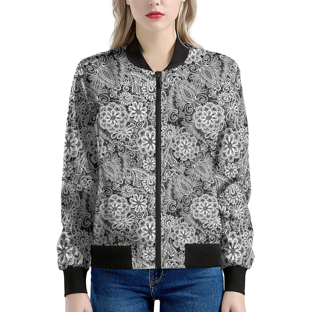 Black And White Western Flower Print Women's Bomber Jacket