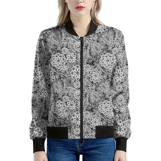 Black And White Western Flower Print Women's Bomber Jacket