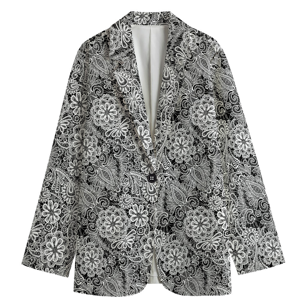 Black And White Western Flower Print Women's Cotton Blazer