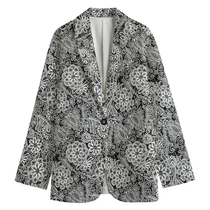 Black And White Western Flower Print Women's Cotton Blazer