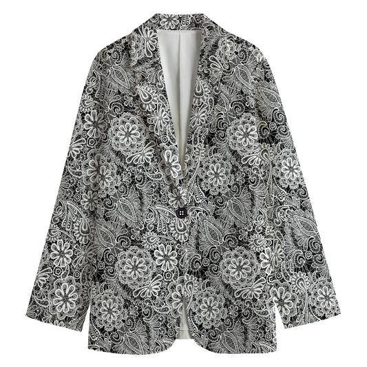 Black And White Western Flower Print Women's Cotton Blazer