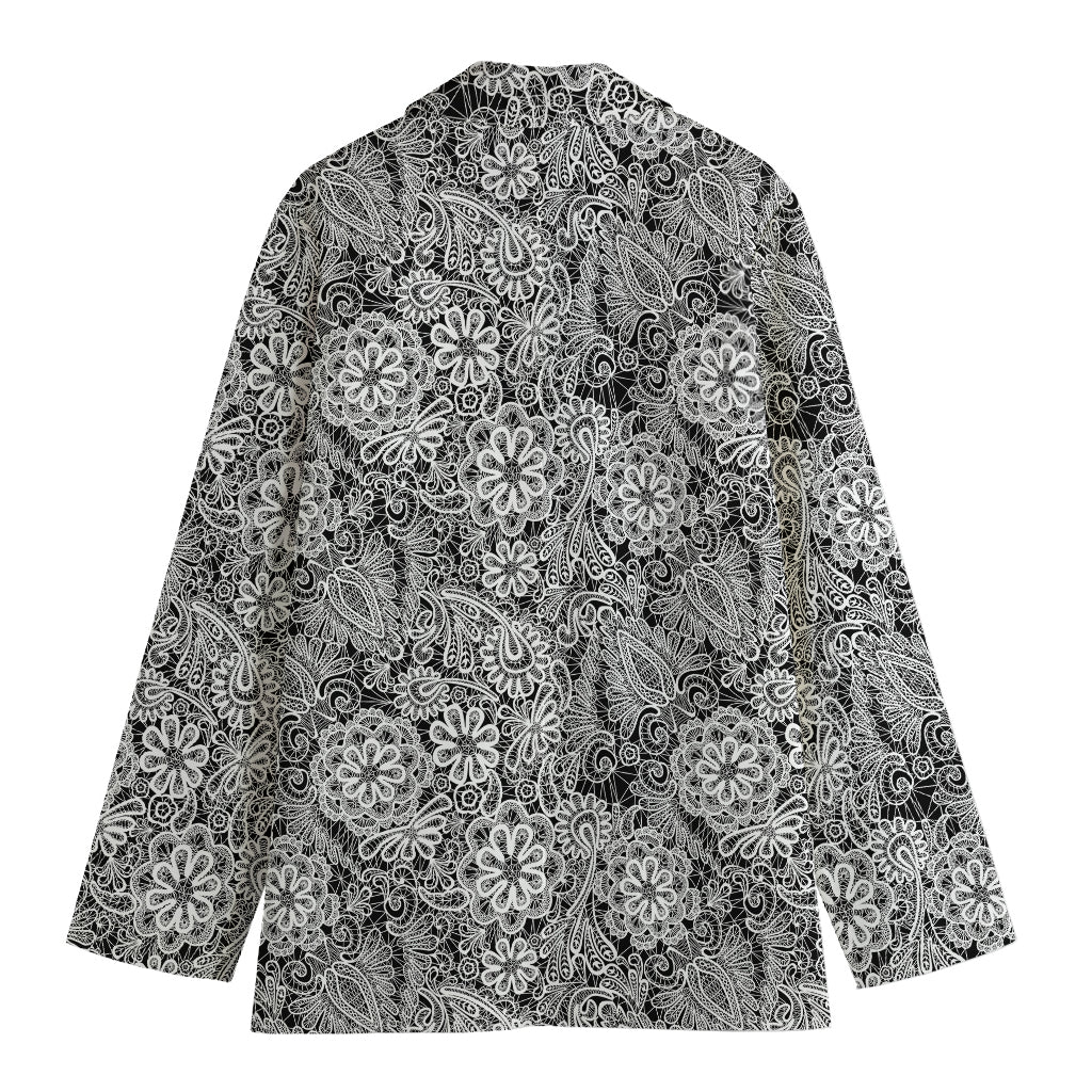 Black And White Western Flower Print Women's Cotton Blazer