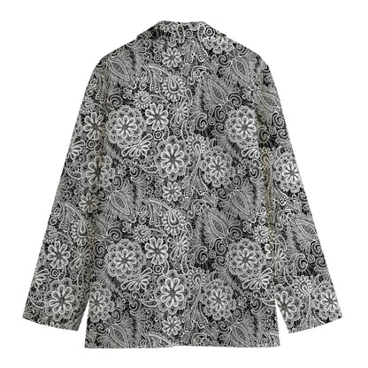 Black And White Western Flower Print Women's Cotton Blazer