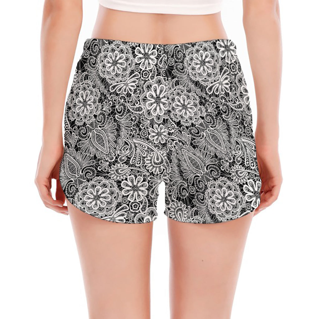 Black And White Western Flower Print Women's Split Running Shorts