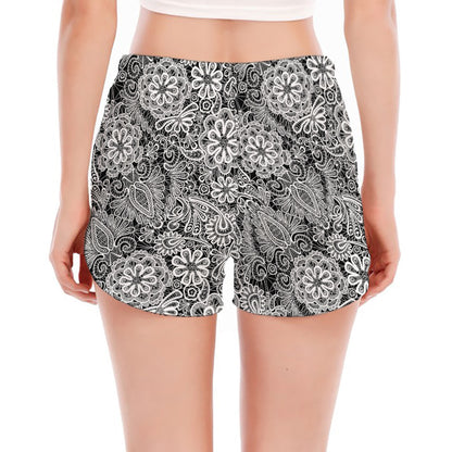 Black And White Western Flower Print Women's Split Running Shorts