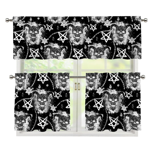 Black And White Wicca Devil Skull Print 3 Piece Kitchen Curtains