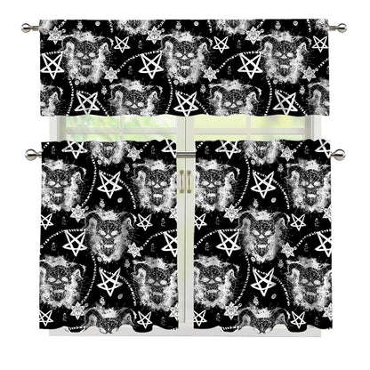 Black And White Wicca Devil Skull Print 3 Piece Kitchen Curtains