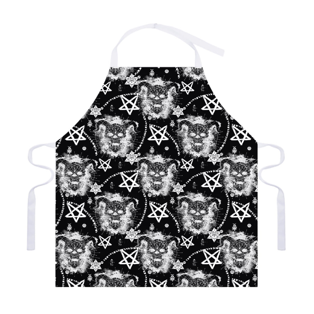 Black And White Wicca Devil Skull Print Adjustable Apron