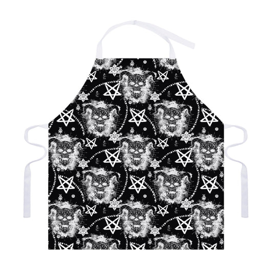 Black And White Wicca Devil Skull Print Adjustable Apron