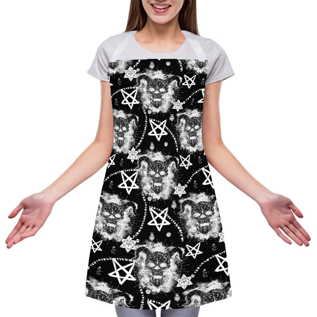 Black And White Wicca Devil Skull Print Adjustable Apron