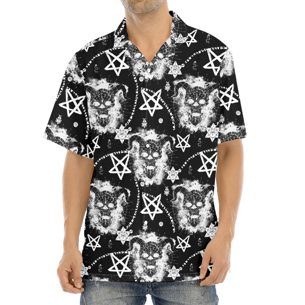 Black And White Wicca Devil Skull Print Aloha Shirt