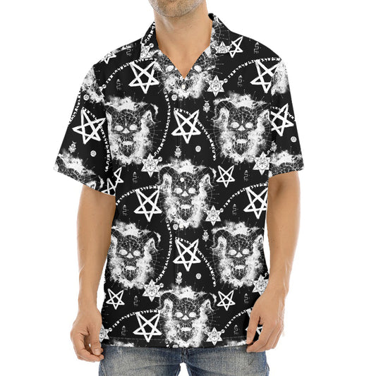 Black And White Wicca Devil Skull Print Aloha Shirt
