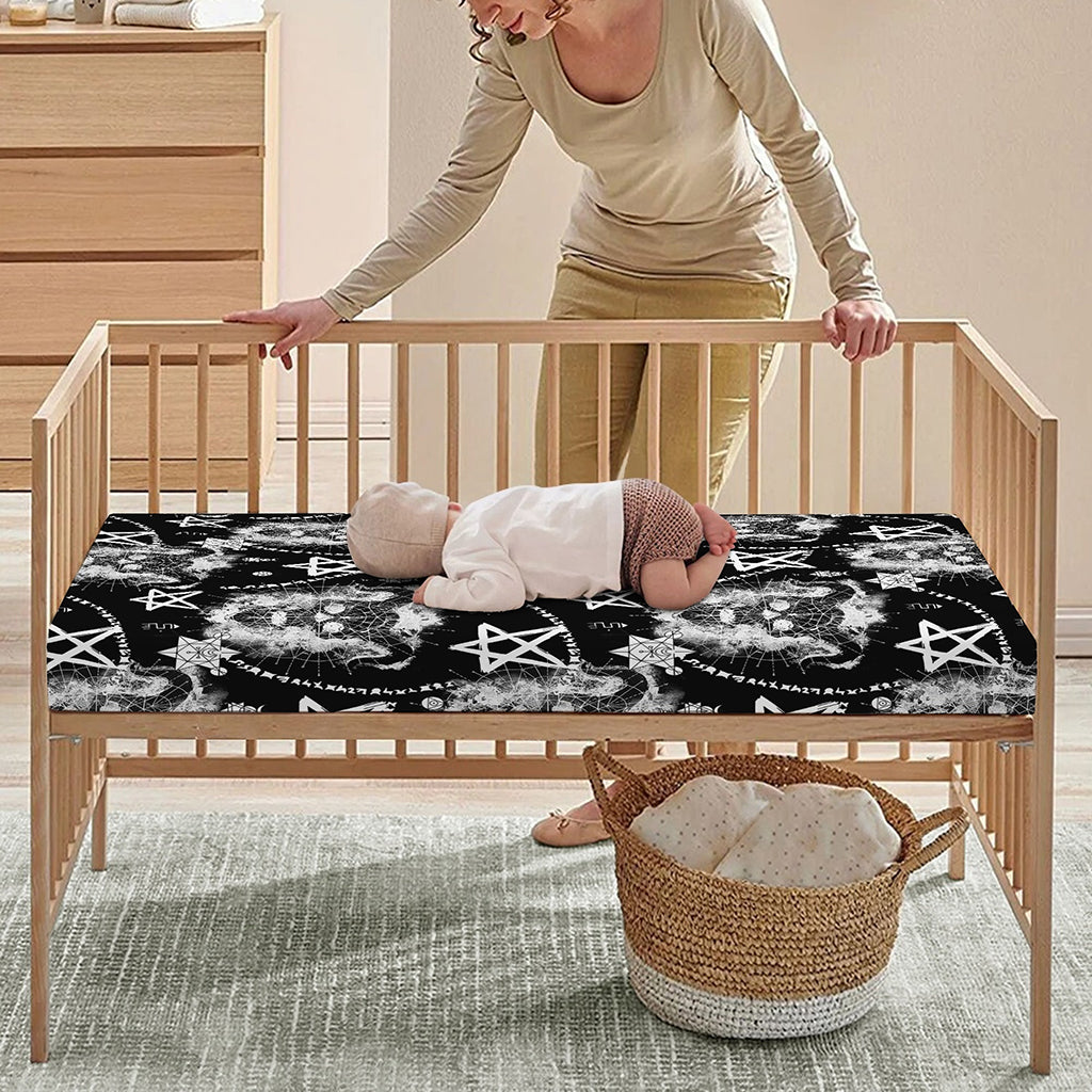 Black And White Wicca Devil Skull Print Baby Crib Sheet