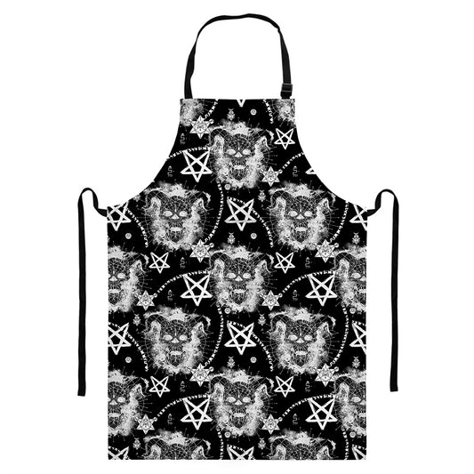 Black And White Wicca Devil Skull Print Bib Apron With Pocket