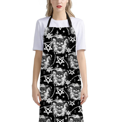 Black And White Wicca Devil Skull Print Bib Apron With Pocket