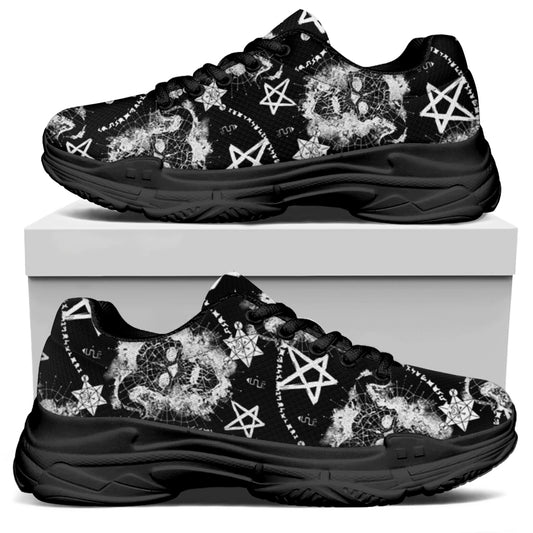 Black And White Wicca Devil Skull Print Black Chunky Shoes