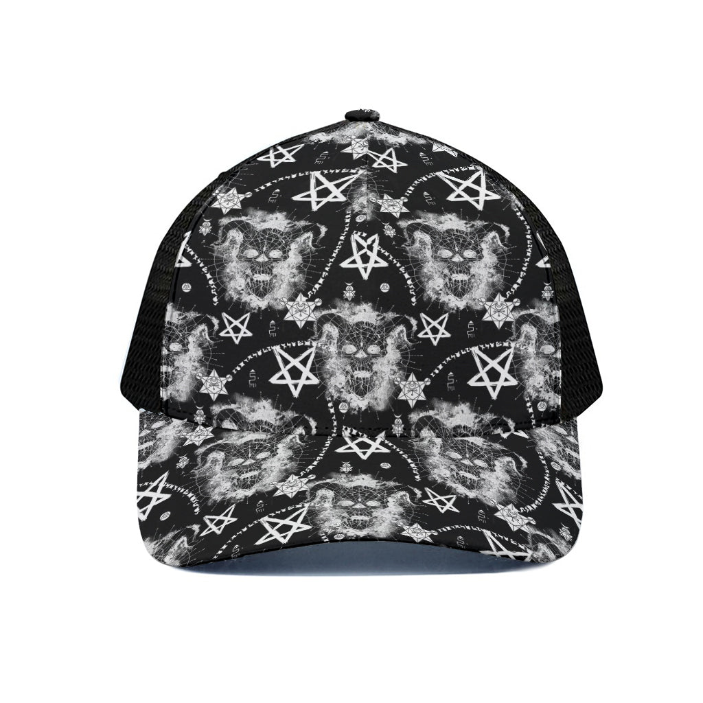 Black And White Wicca Devil Skull Print Black Mesh Trucker Cap