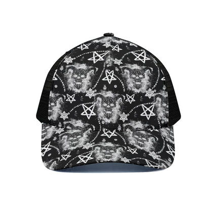 Black And White Wicca Devil Skull Print Black Mesh Trucker Cap
