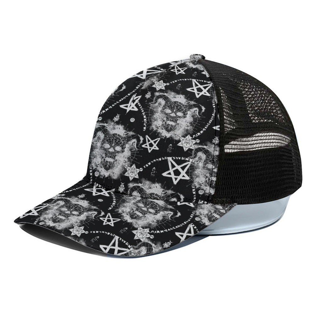 Black And White Wicca Devil Skull Print Black Mesh Trucker Cap