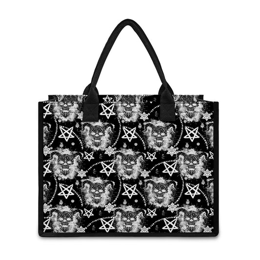 Black And White Wicca Devil Skull Print Canvas Tote Bag