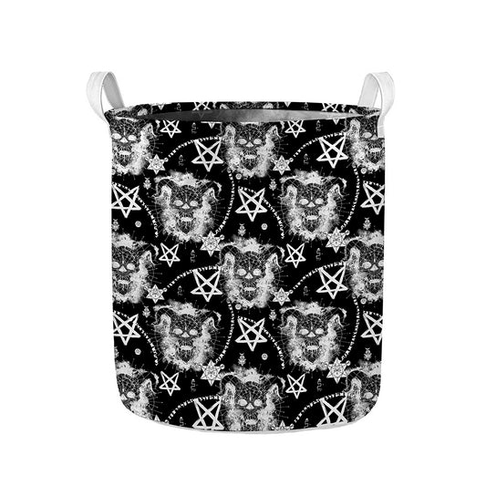 Black And White Wicca Devil Skull Print Collapsible Laundry Basket