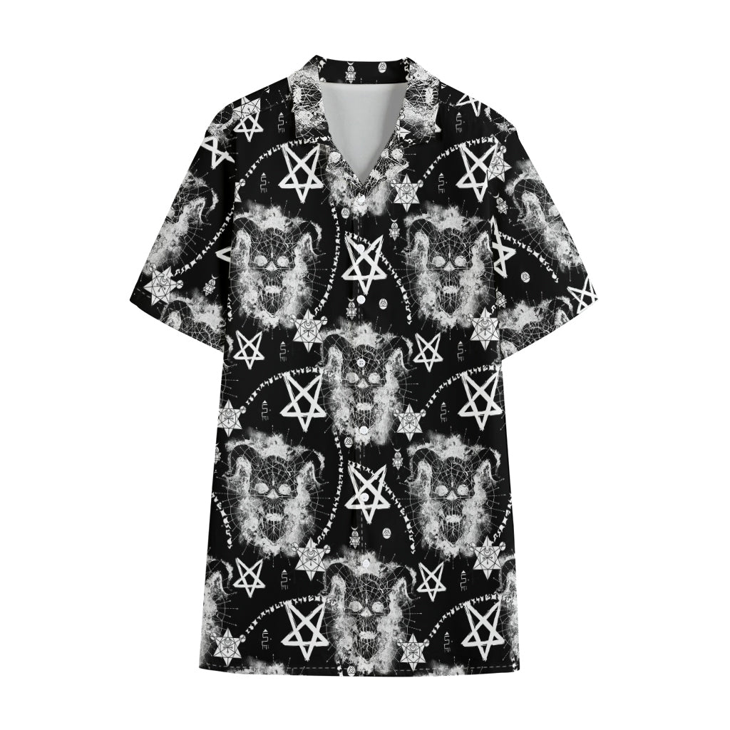 Black And White Wicca Devil Skull Print Cotton Hawaiian Shirt