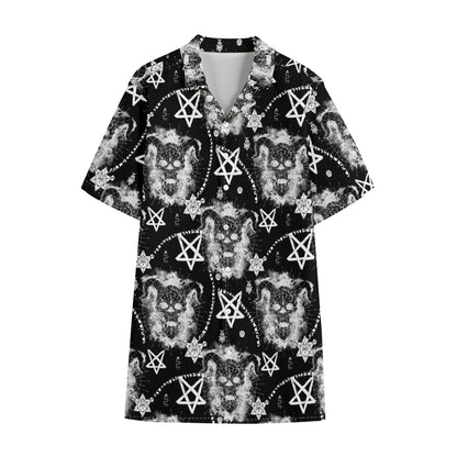 Black And White Wicca Devil Skull Print Cotton Hawaiian Shirt