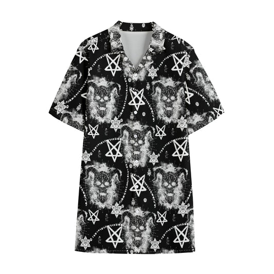 Black And White Wicca Devil Skull Print Cotton Hawaiian Shirt