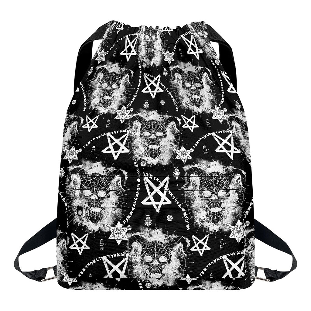 Black And White Wicca Devil Skull Print Drawstring Backpack