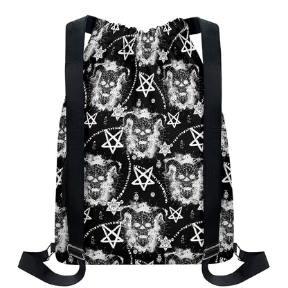 Black And White Wicca Devil Skull Print Drawstring Backpack