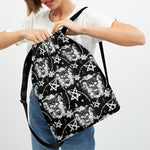 Black And White Wicca Devil Skull Print Drawstring Backpack