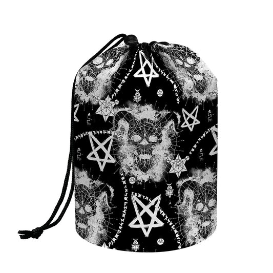 Black And White Wicca Devil Skull Print Drawstring Makeup Bag