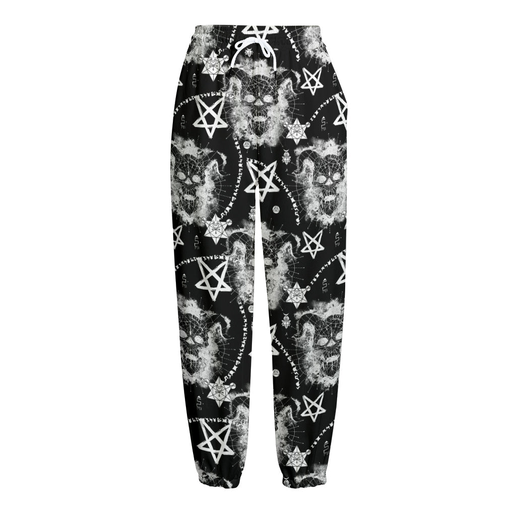 Black And White Wicca Devil Skull Print Fleece Lined Knit Pants