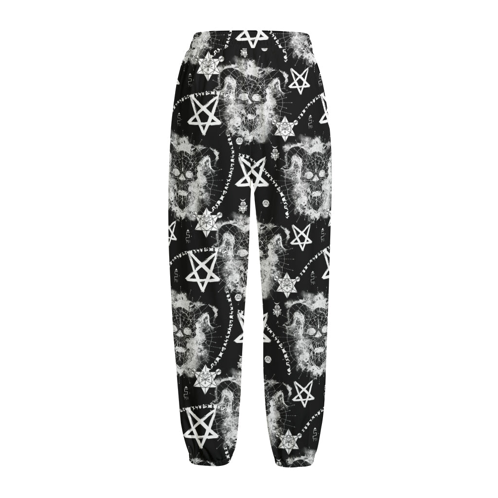 Black And White Wicca Devil Skull Print Fleece Lined Knit Pants