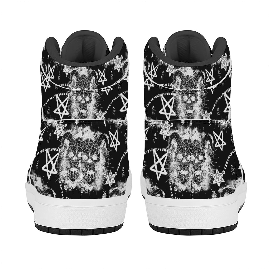 Black And White Wicca Devil Skull Print High Top Leather Sneakers