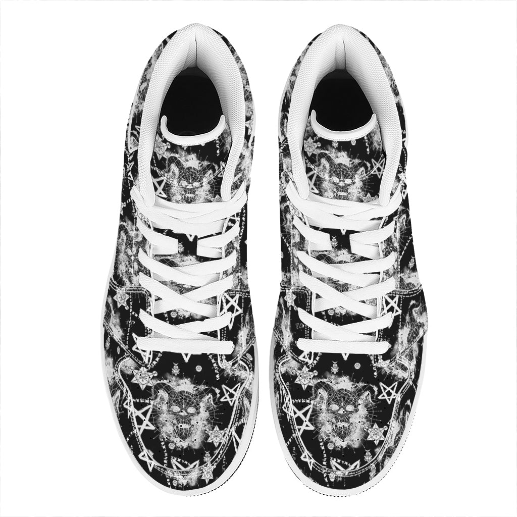 Black And White Wicca Devil Skull Print High Top Leather Sneakers